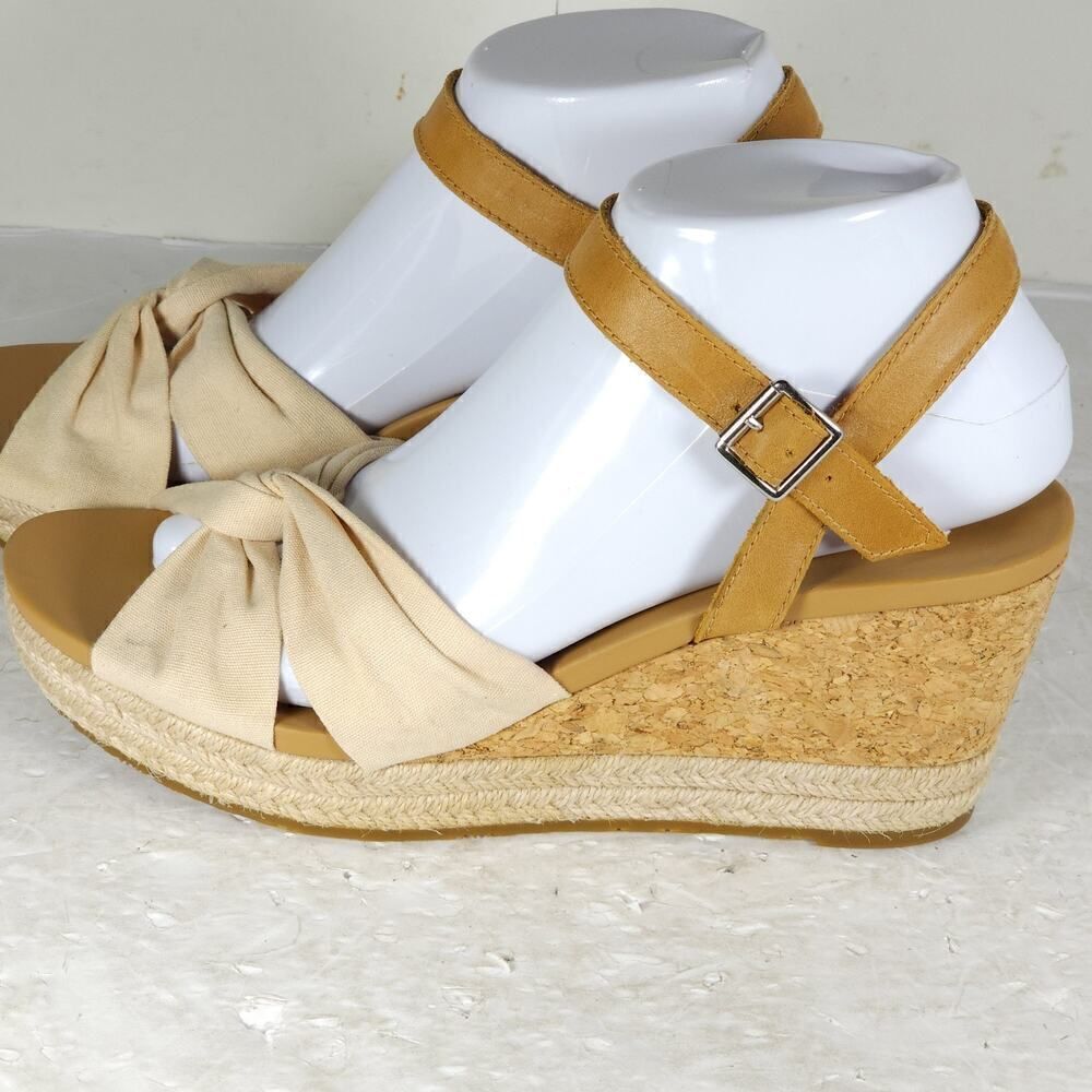 UGG Women's Joslyn US8,5 Canvas Leather Beige Espadrille Wedge Sandals - Picture 2 of 16
